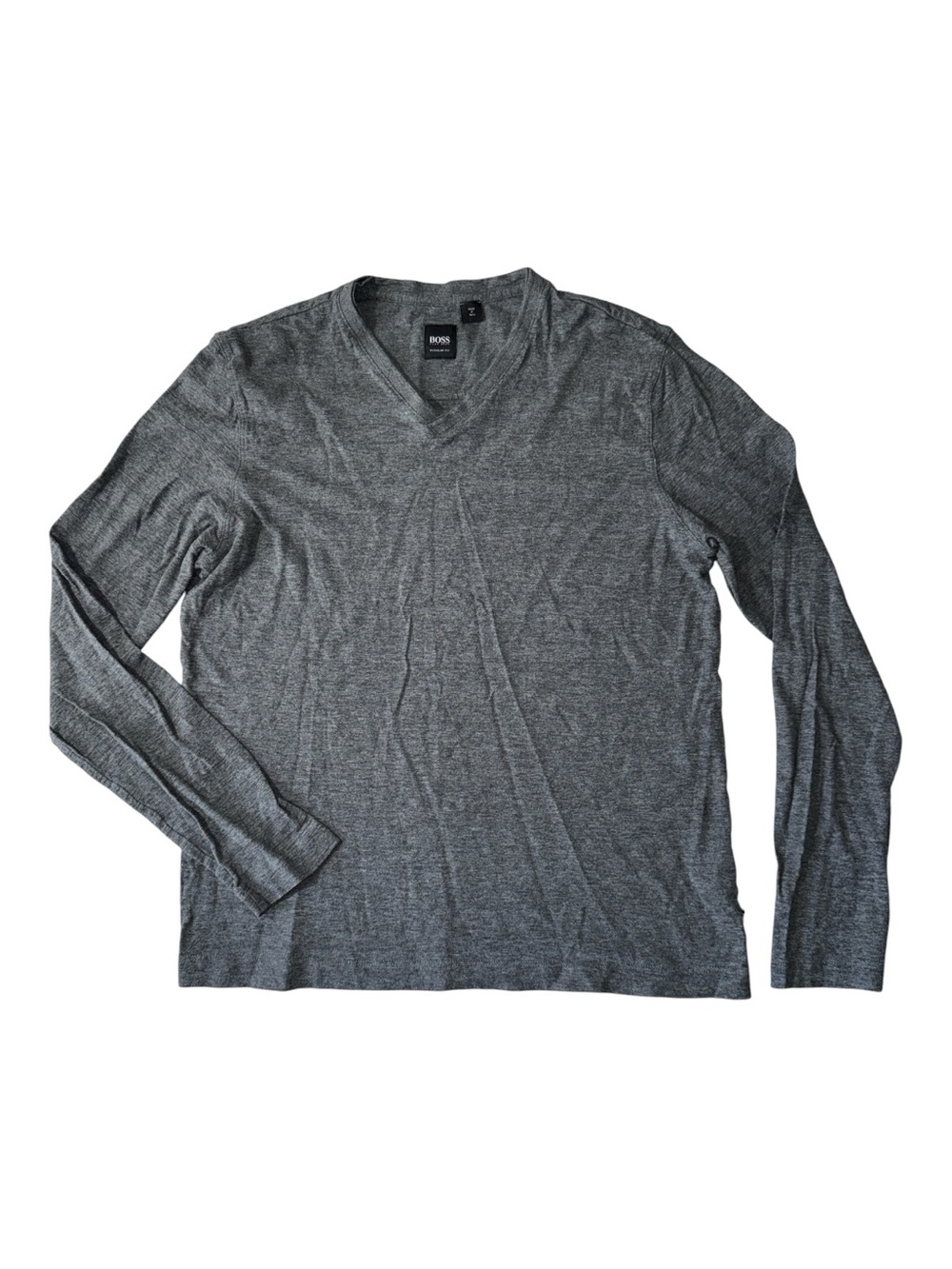 Hugo Boss mens L Large grey regular fit v-neck long sleeve cotton t-shirt EUC